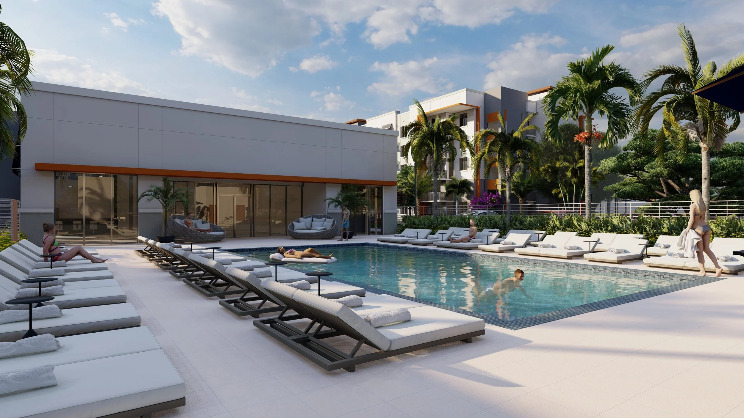 A modern outdoor pool area at a luxury apartment complex, with lounge chairs, palm trees, and people relaxing and swimming.