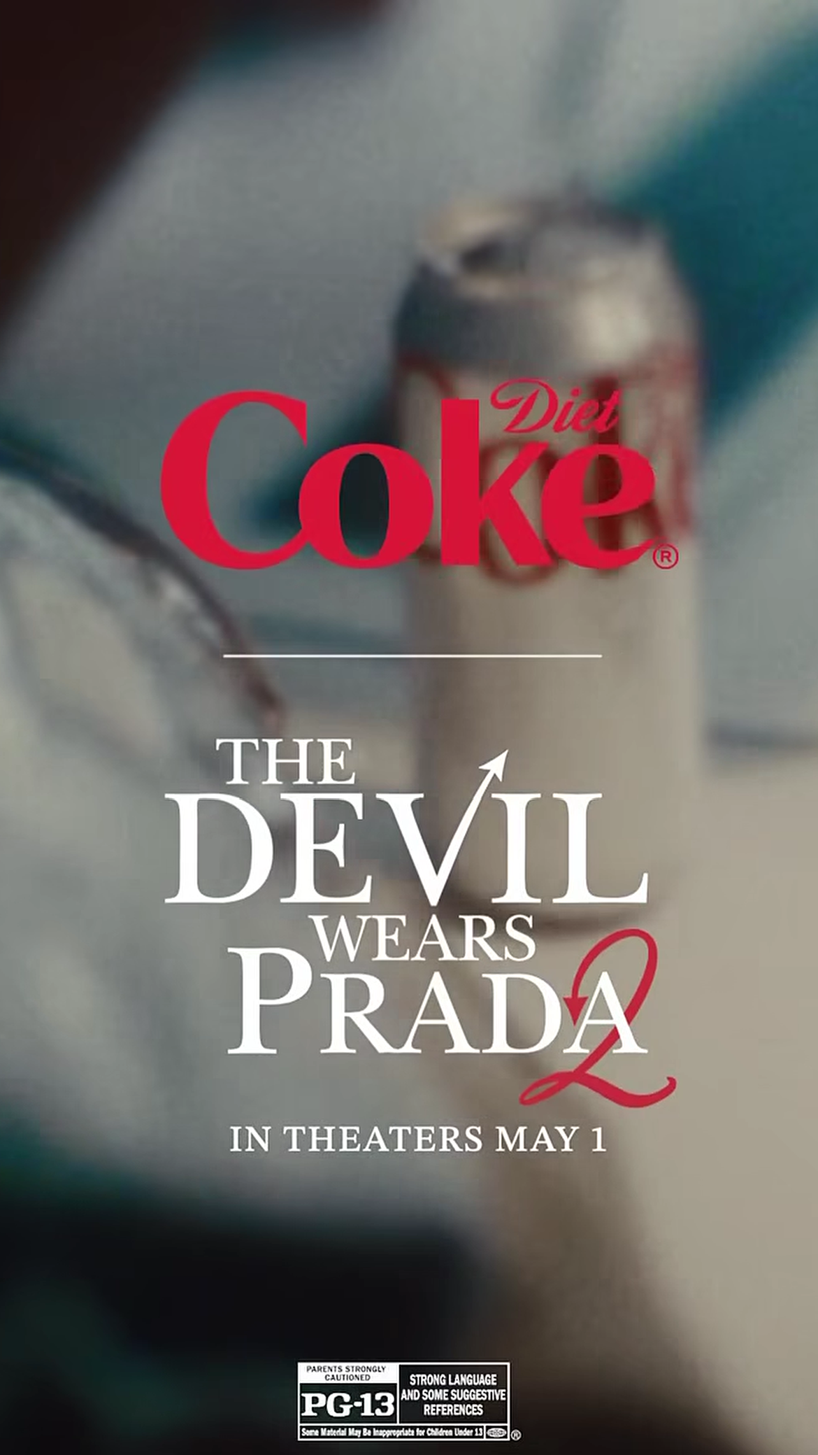 Promotional poster for the movie 'The Devil Wears Prada' featuring a partially visible soda can with a red logo, and textual information about the film's release date on May 1.