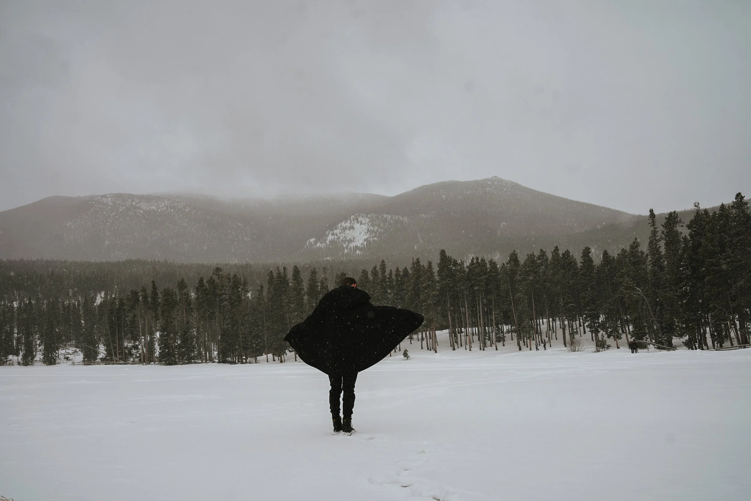 A person standing on a snowy field with their back to the camera, holding an umbrella, surrounded by a dense forest of pine trees with mountains and cloudy sky in the background.