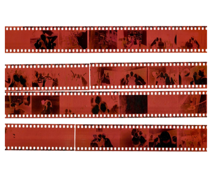 A series of photo strips showing children and adults interacting, playing, and taking pictures in an indoor setting.