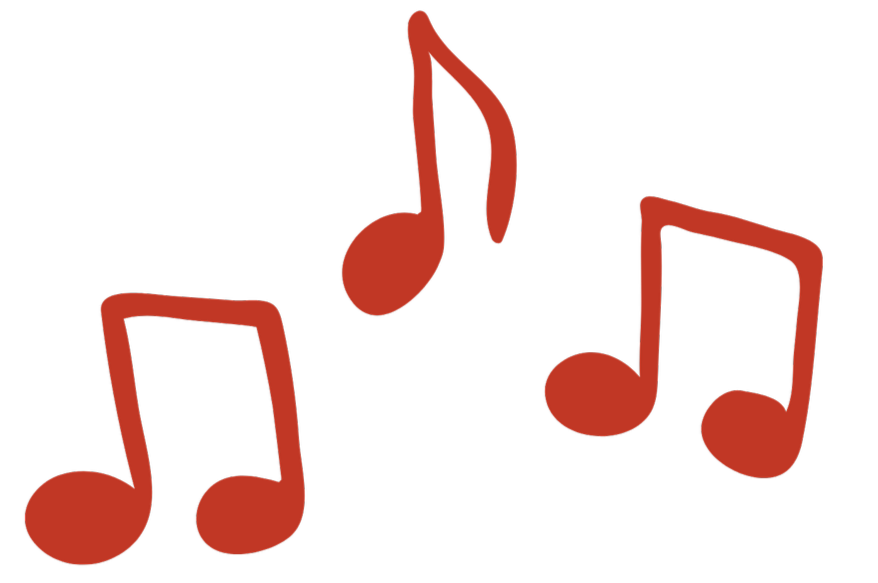 Red musical notes on a black background.