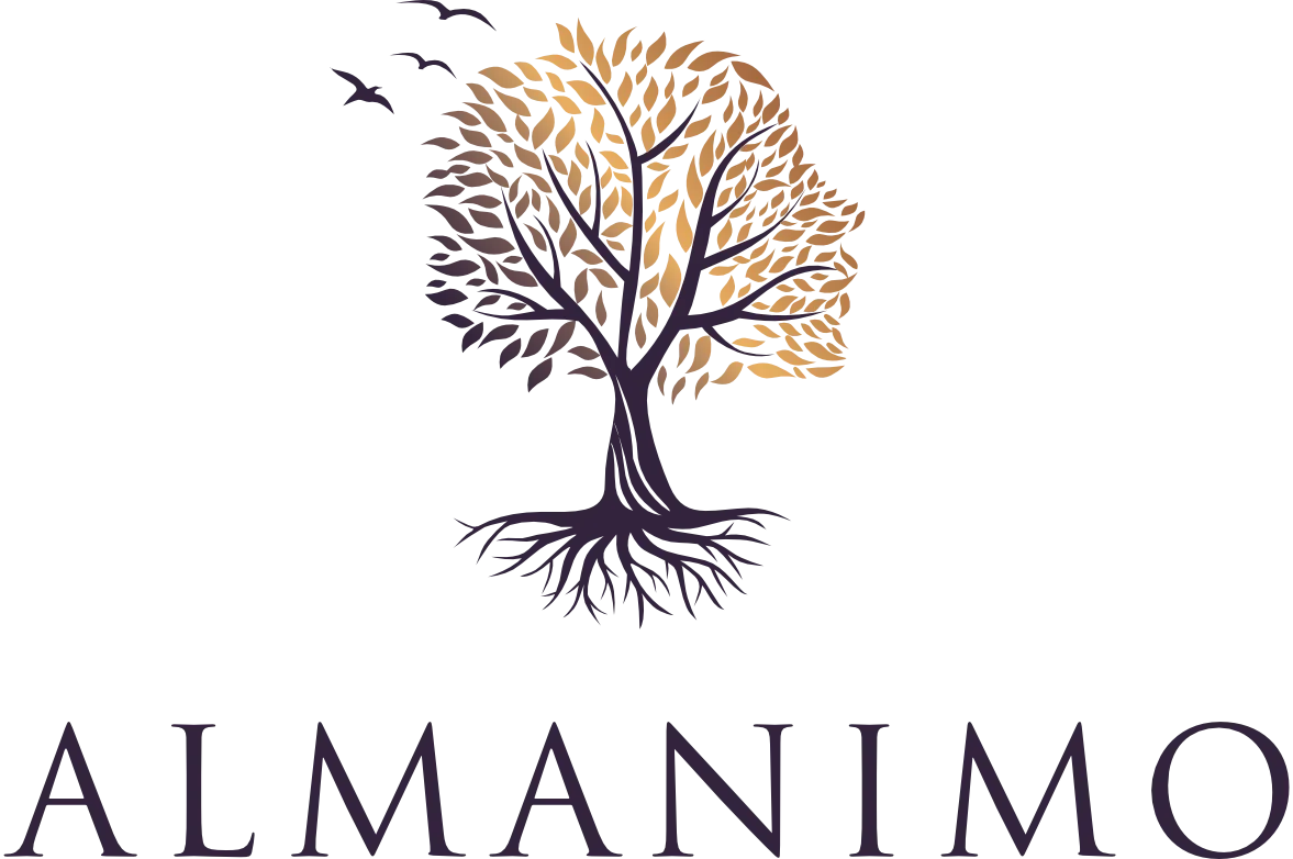 Ein Baum mit goldenen Blättern und sichtbaren Wurzeln, darunter der Name «Almanimo» in großen Buchstaben.