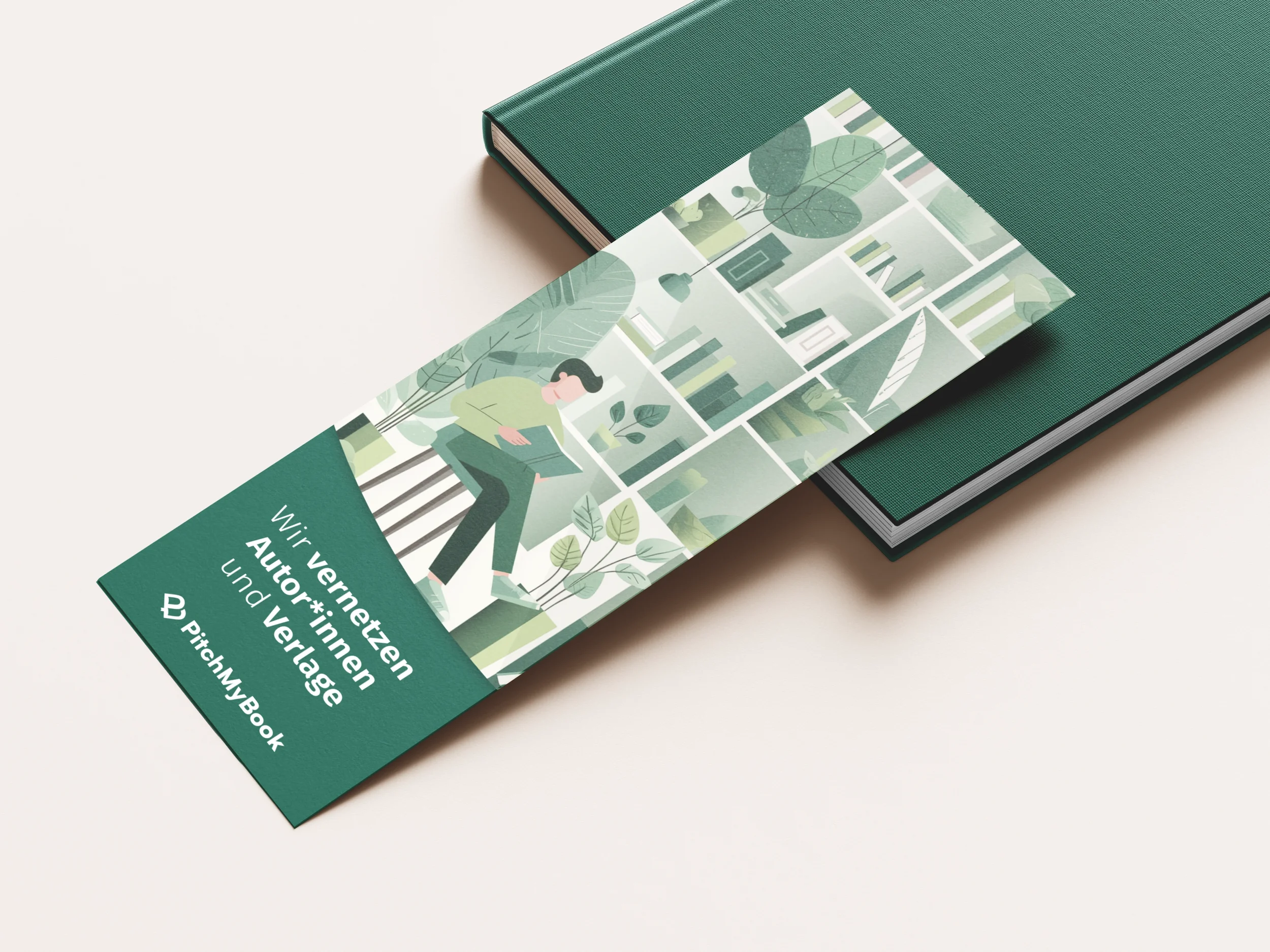 Individuell gestaltetes Lesezeichen für PitchMyBook mit Illustration, Logo und dem Claim „Wir vernetzen Autor*innen und Verlage“ – Branding und Printdesign von FUXSTUDIO.