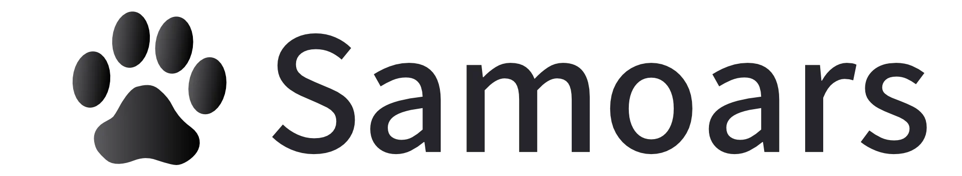 Das Logo der Marke Samoars, bestehend aus einem schwarzen Pfotenabdruck und dem Schriftzug 'Samoars'.