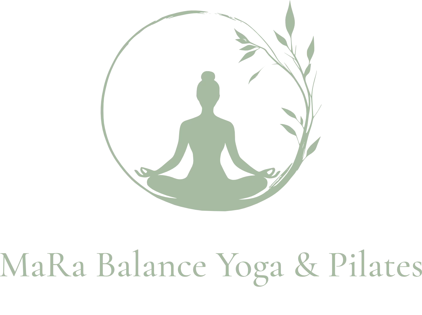 Logo von 'MaRaBalance Yoga & Pilates', zeigt einen sitzenden meditierenden Menschen in Lotusstellung innerhalb eines Kreises, mit einem Blatt an der rechten Seite.