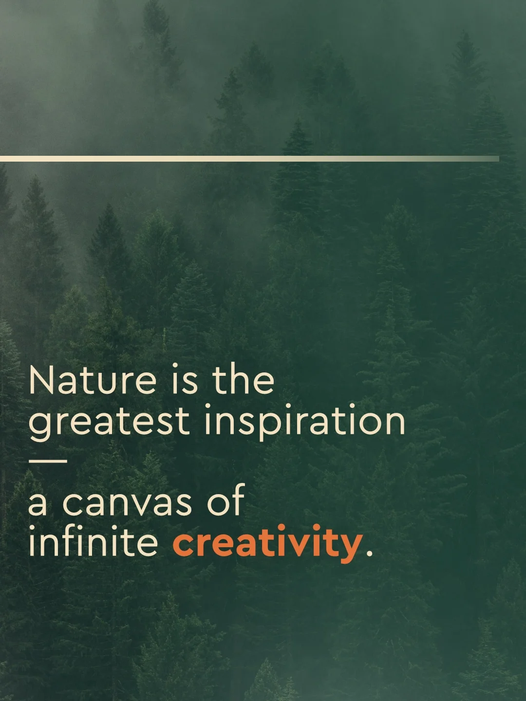 Ein Wald mit Bäumen, der Text: "Nature is the greatest inspiration – a canvas of infinite creativity."