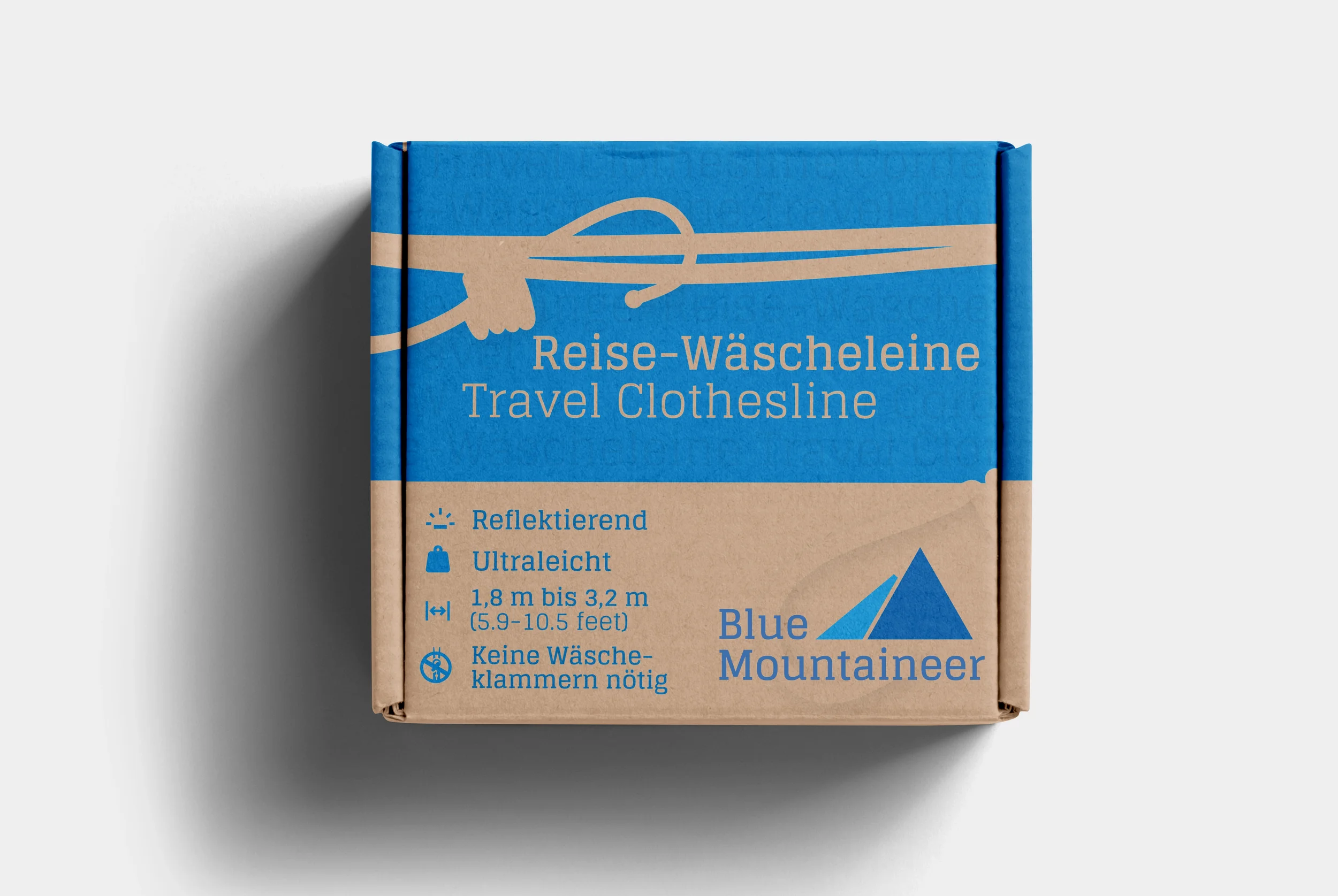 Verpackungsdesign aus Karton für die Reisewäscheleine von Blue Mountaineers mit Produktdaten, Haken-Illustrationen und informativem Layout.