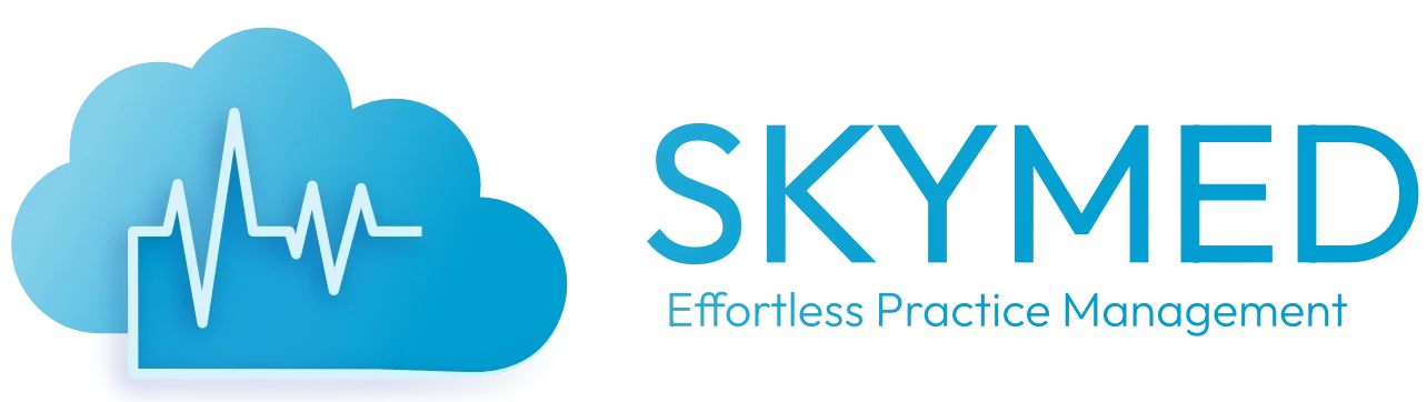 Logo von SKYMED mit blauer Cloud und EKG-Linie, der Text 'SKYMED' und der Slogan 'Effortless Practice Management'.