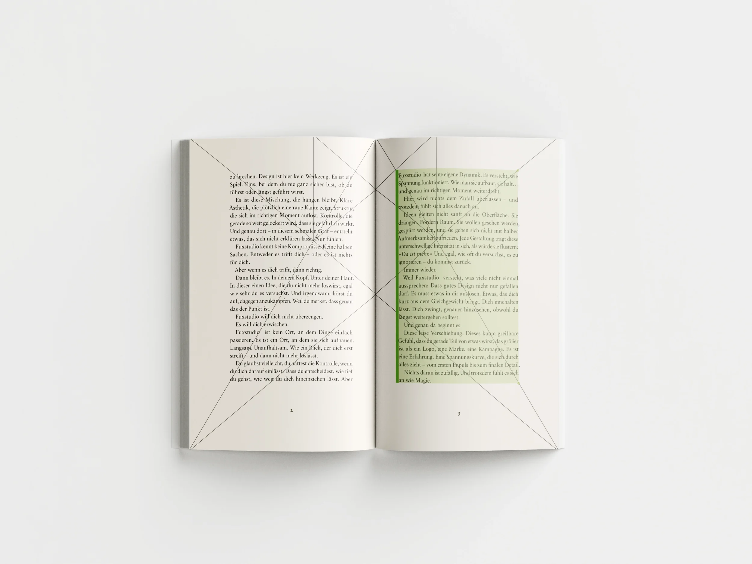 Aufgeschlagenes Buch mit konstruiertem Satzspiegel nach dem Teilungskanon, klassischen breiten Seitenrändern, grün markiertem Textspiegel und eingezeichneten Hilfslinien zur Buchgestaltung.