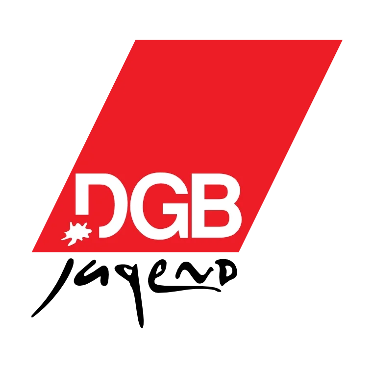 Das Logo der Deutschen Gewerkschaftsbund (DGB) mit rotem und schwarzem Hintergrund.