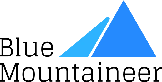 Das Logo von Blue Mountaineers. Dreiecke in verschiedenen Blautönen