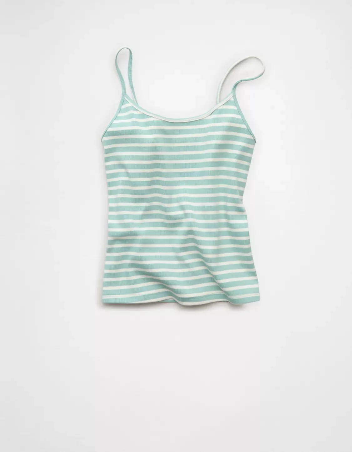 A light blue and white striped camisole top with thin spaghetti straps on a white background.