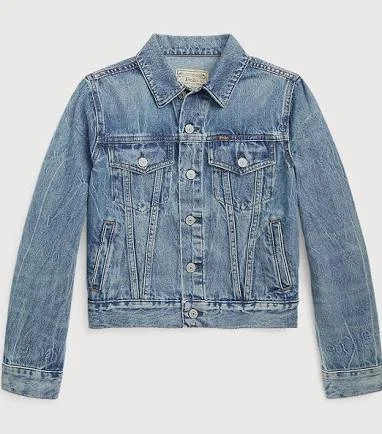 Blue denim jacket with buttoned front, chest pockets, and long sleeves