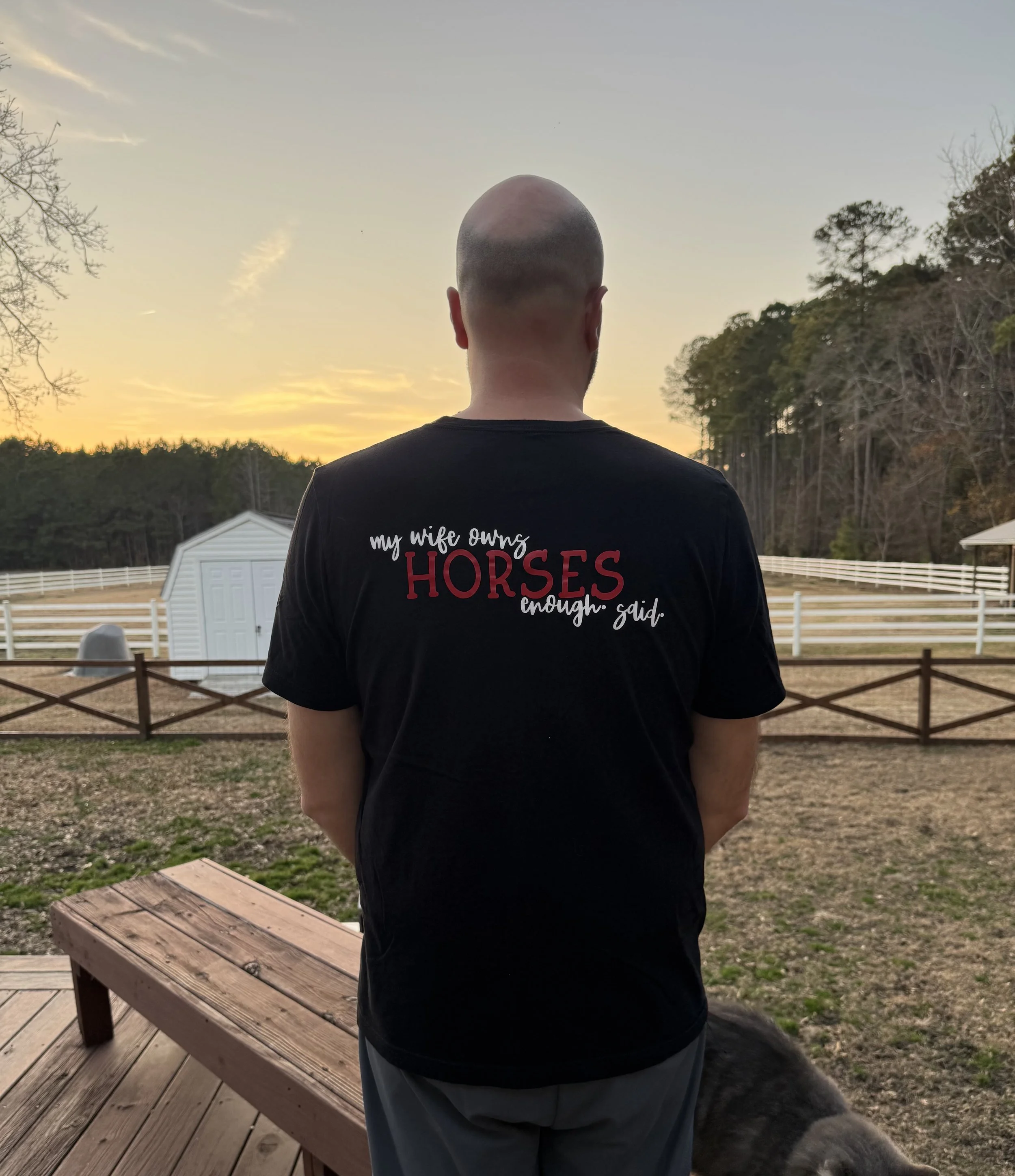 A person with a shaved head wearing a black T-shirt standing outdoors during sunset, with trees in the background and a white building, a wooden bench in the foreground, and a black dog partially visible on the right.