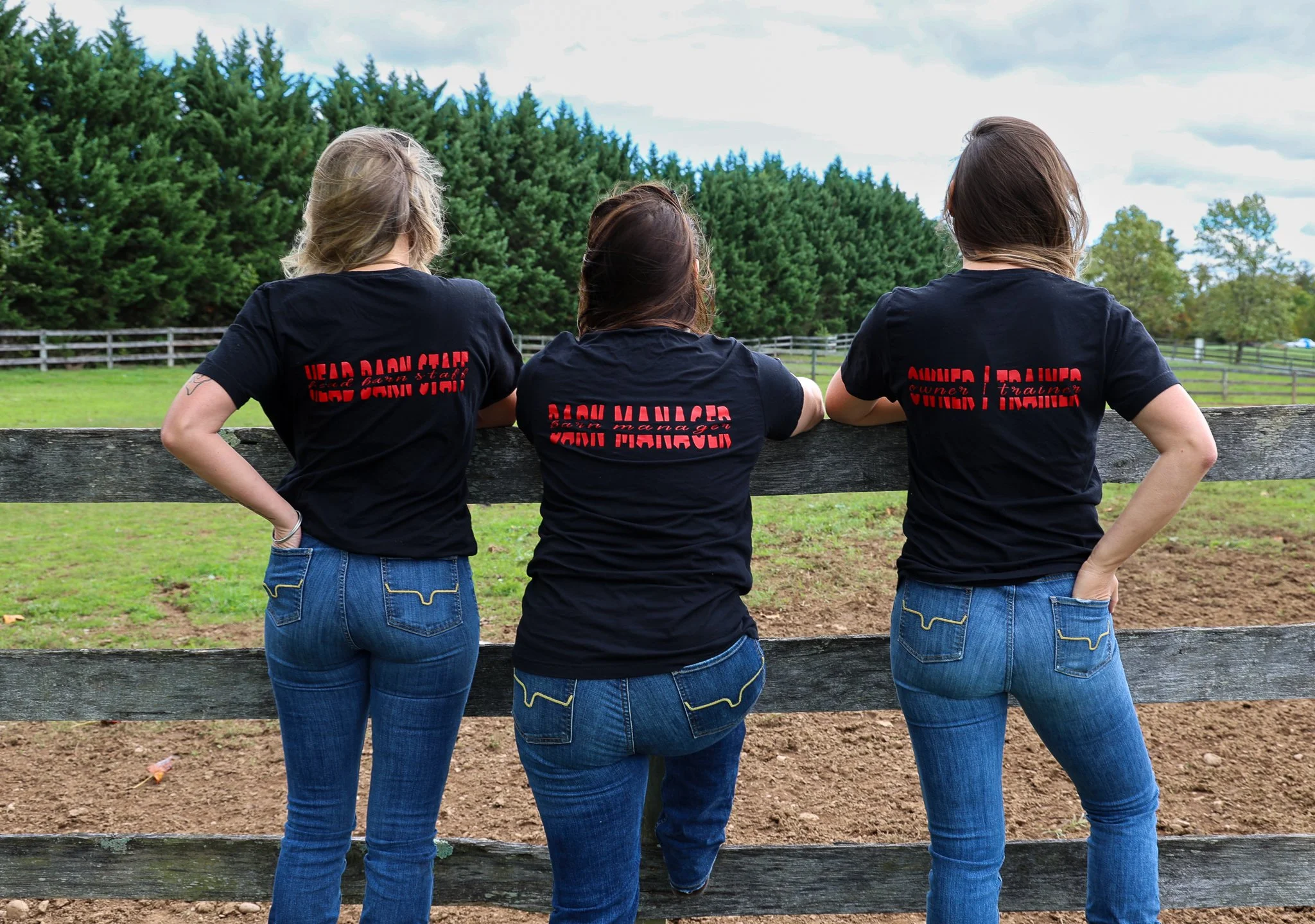 Three women standing with their backs facing the camera, wearing matching black t-shirts and jeans, leaning on a wooden fence and looking out over a green field with trees in the background.