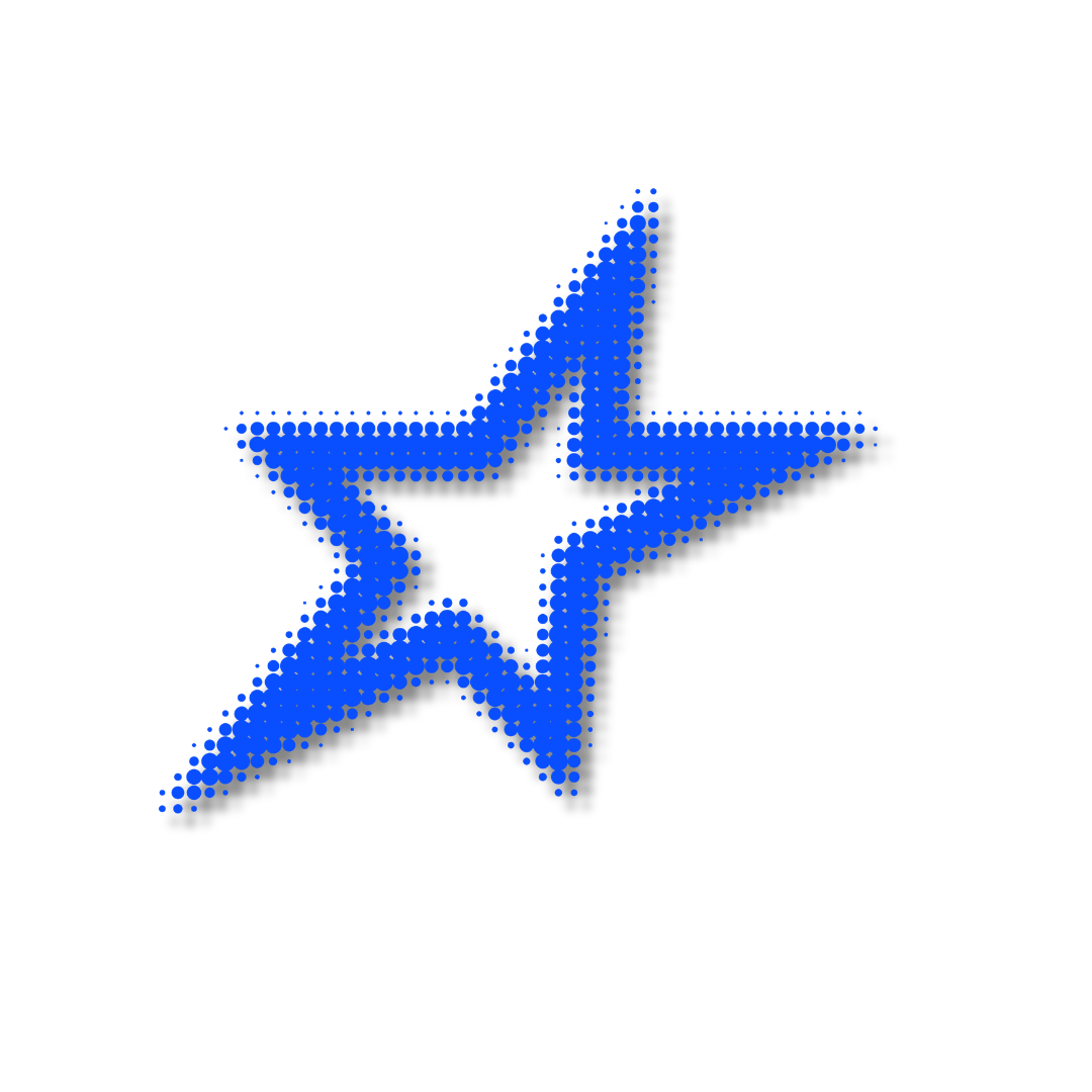 Blue star graphics with dotted pattern on black background.