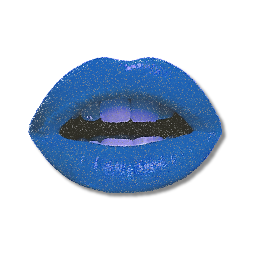 Close-up of lips painted with blue lipstick and tongue showing, against a black background.