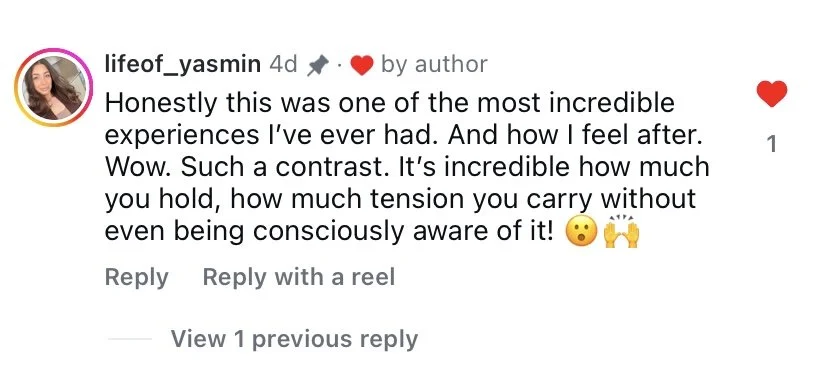 Instagram comment about an incredible experience, expressing emotional and physical contrast, and the sensation of holding and tension during a Spinal Energetics session wiht Hollie Wild
