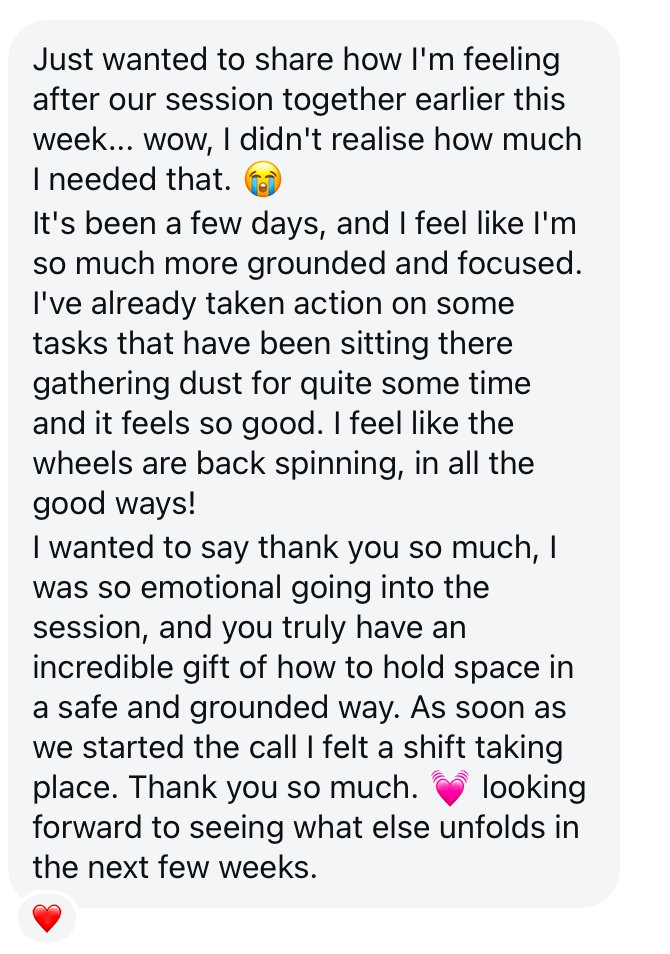 Screenshot of a heartfelt message expressing gratitude after a helpful session with Hollie Wild, mentioning feelings of being more grounded and focused, taking action, and looking forward to future progress.