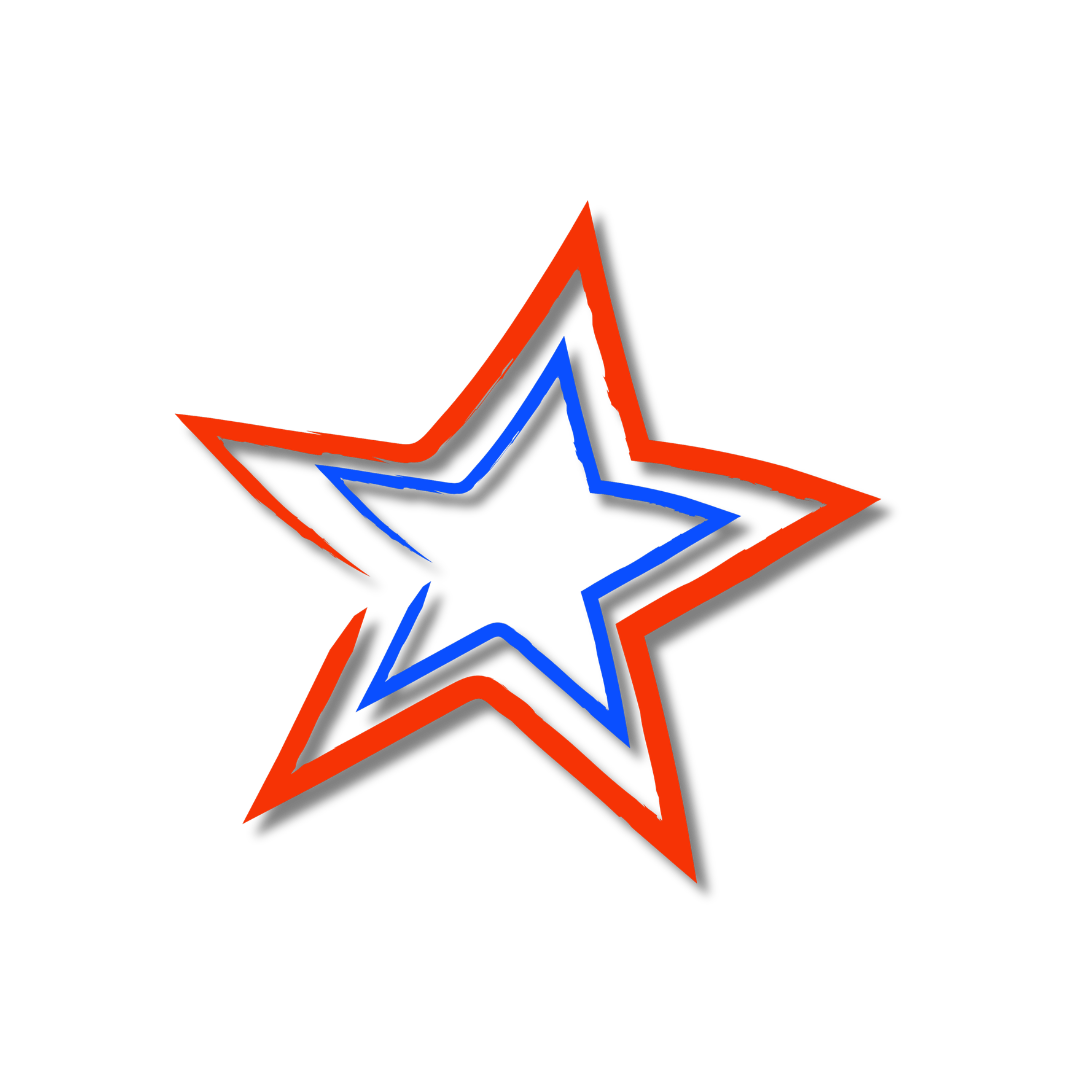 Neon light display of a star in red and blue colors on a black background.