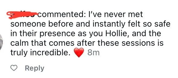 Instagram comment praising Hollie for making them feel safe and calm during sessions, accompanied by a red heart emoji.