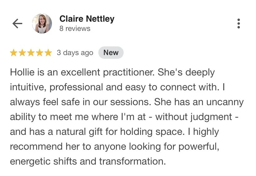 Screenshot of a Google review by Claire Nettley praising Hollie as an intuitive and professional practitioner.