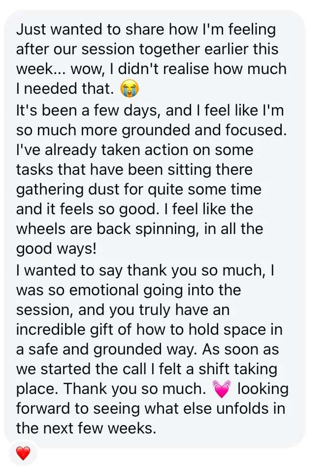 A screenshot of a text message expressing gratitude and positive feelings after a session, mentioning feeling more grounded and focused, and thanking the recipient for their support.