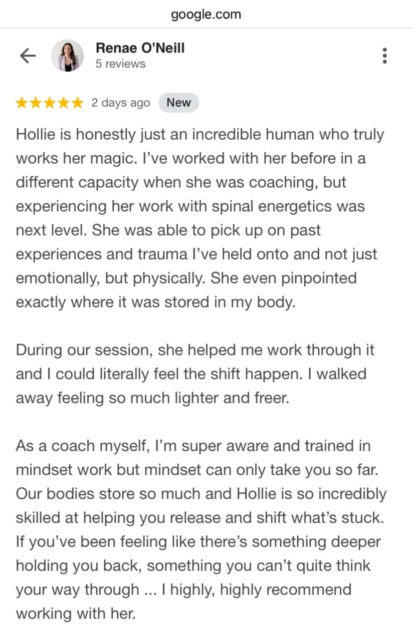 Screenshot of a Google review for Hollie Wild by Renae O'Neill, praising her coaching, healing abilities, and effectiveness in helping release emotional and physical trauma.