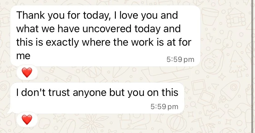 Screenshot of a WhatsApp conversation with two messages, each with a red heart emoji, discussing love and trust.