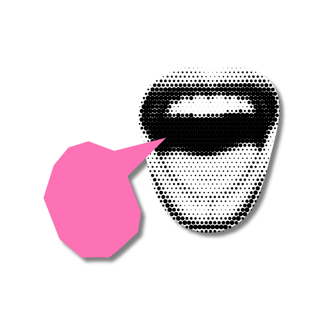 Pop art style image of a face wearing sunglasses with a pink head and a speech bubble pointing to the face.