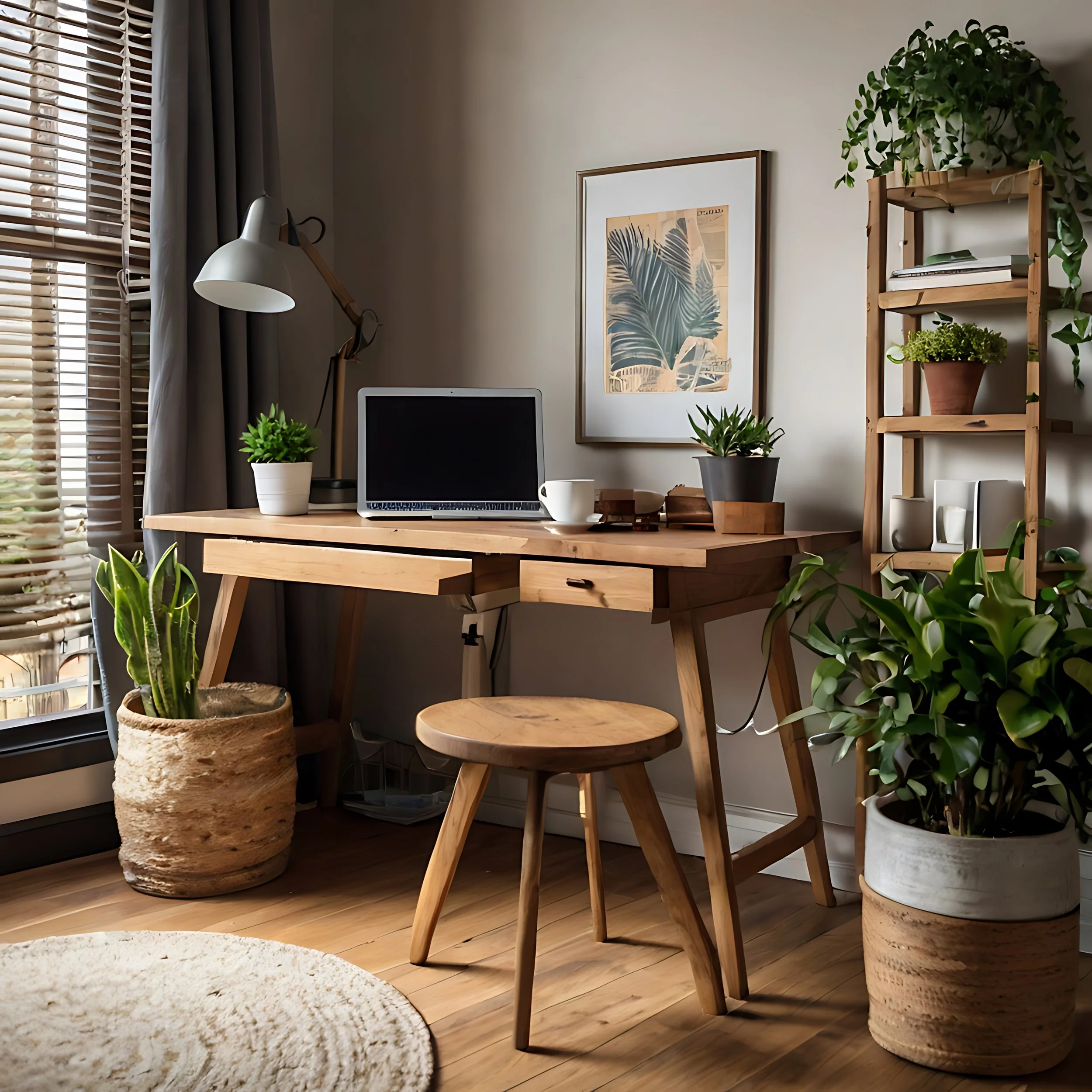 A cozy corner of a room with a wooden desk, a computer monitor, a white mug, and multiple potted green plants. There are wooden blinds and curtains on the window, and artwork of palm leaves on the wall.