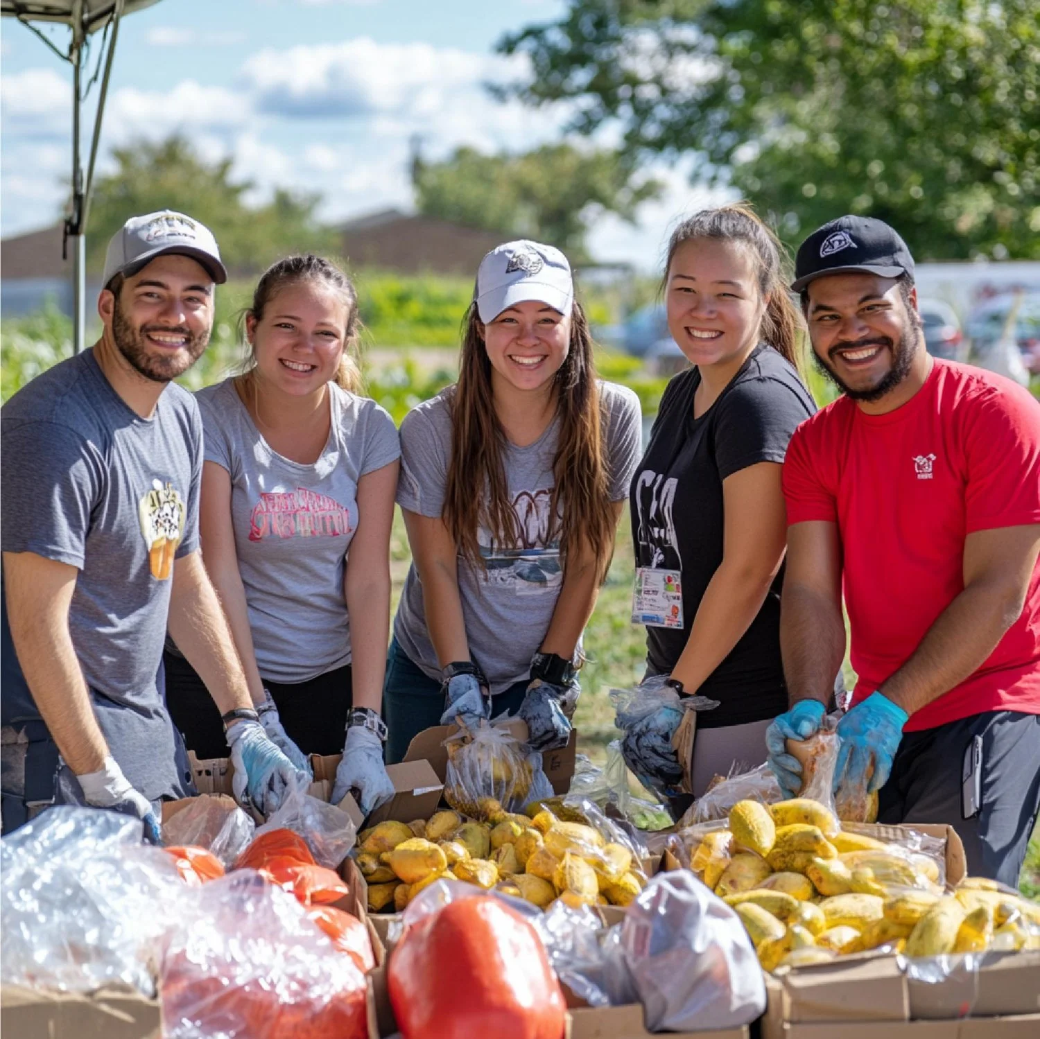 Group of volunteers smiling at a fruit packaging event outdoors, with piles of bananas and other produce on a table.