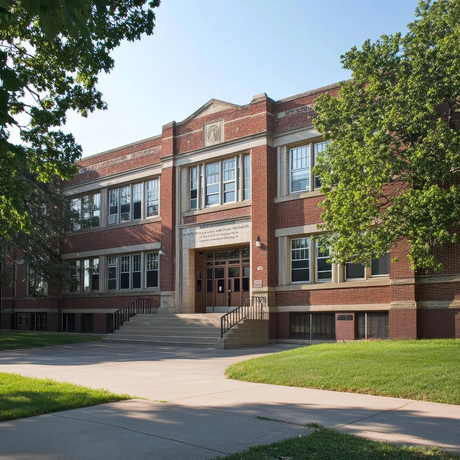 A red brick school building with multiple windows, trees partially obscuring the view, front steps leading to the entrance, and a large lawn and sidewalk in the foreground.