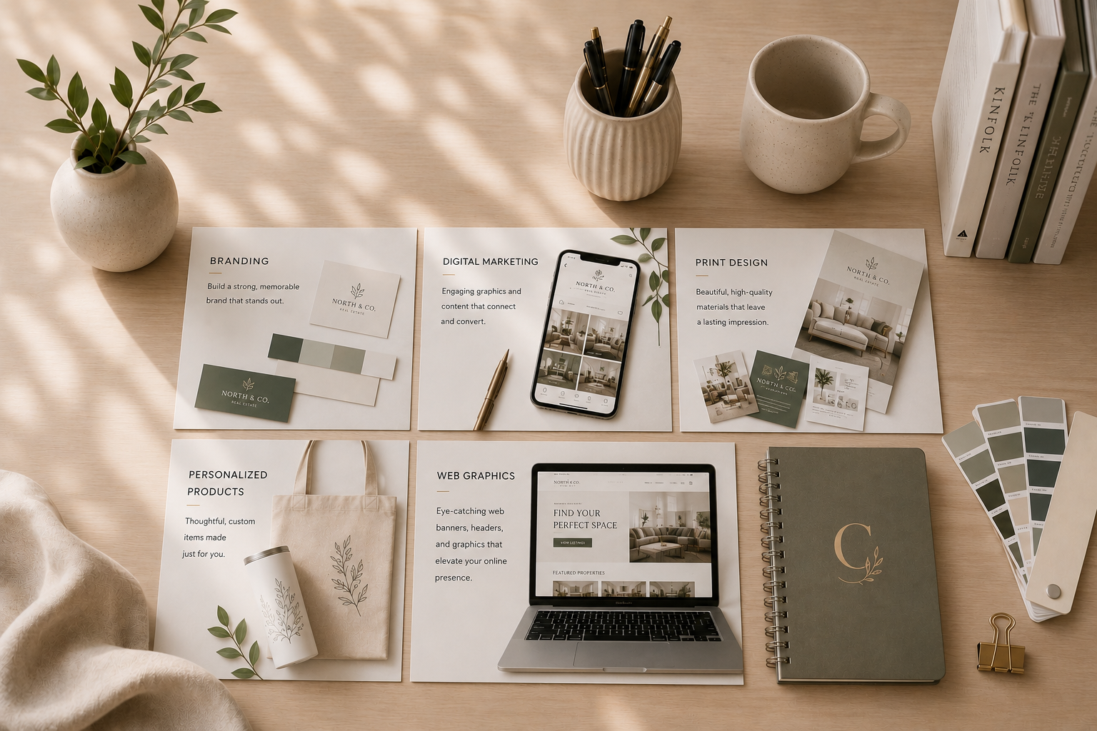 A workspace with marketing and branding materials, including printed sheets, a laptop, a phone, color swatches, a notebook, and decorative items like a plant and a cup on a wooden desk.