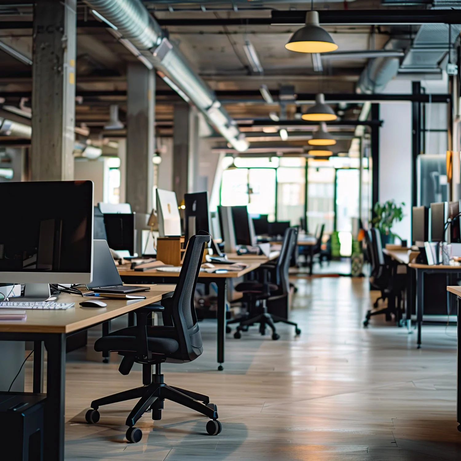Open office space with multiple desks equipped with desktop computers, ergonomic chairs, and large windows in the background, under industrial-style ceiling with exposed ductwork and hanging pendant lights.