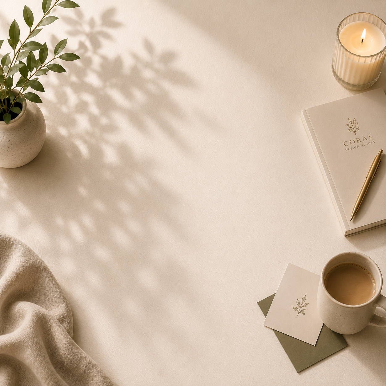 A minimalist workspace setup with a potted plant, lit candle, notebook, gold pen, cup of coffee, and some small cards on a cream-colored surface, with natural shadows.