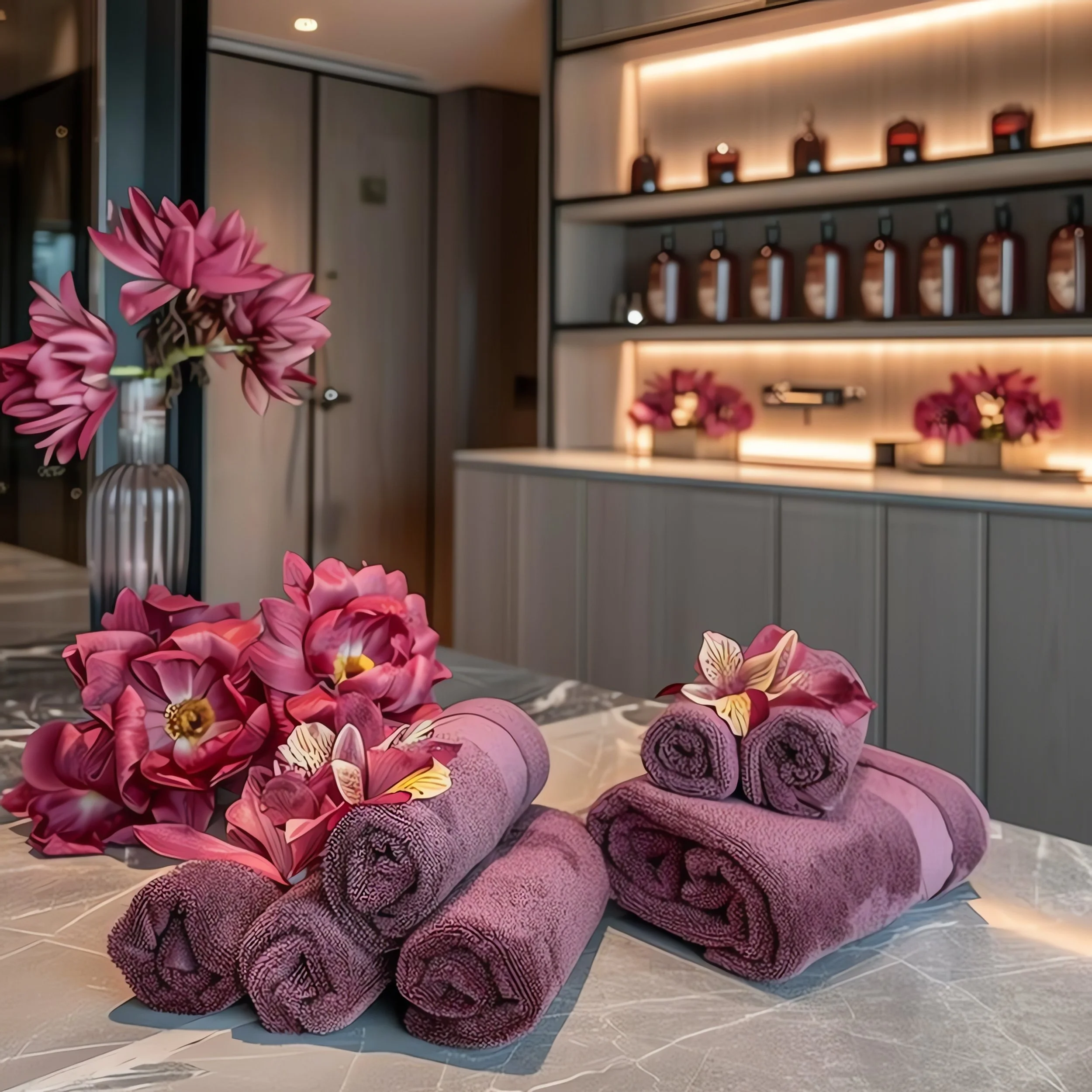 A display of pink orchids in a vase and decorative purple fabric on a surface, with a modern interior background featuring shelves illuminated with warm lighting.