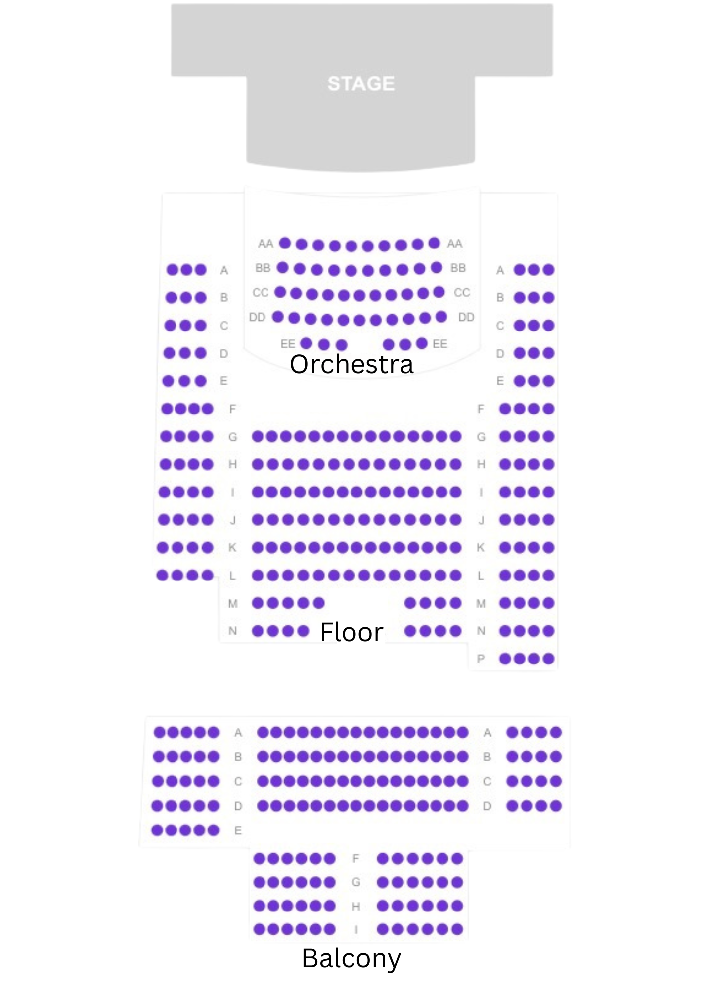 Seating chart for a theater or concert venue with sections labeled Orchestra, Floor, and Balcony, showing rows of seats marked with letters and rows of purple dots.