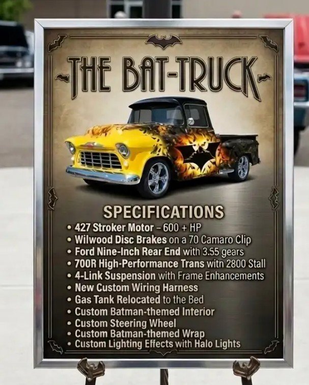 Sign for 'The Bat-Truck' featuring a custom Batman-themed pickup truck with flame and bat graphics and specifications including a 427 Stroker Motor, Wilwood disc brakes, Ford nine-inch rear end, high-performance transmission, four-link suspension, custom wiring, gas tank relocation, Batman interior, Batman-themed wrap, and halo lights.