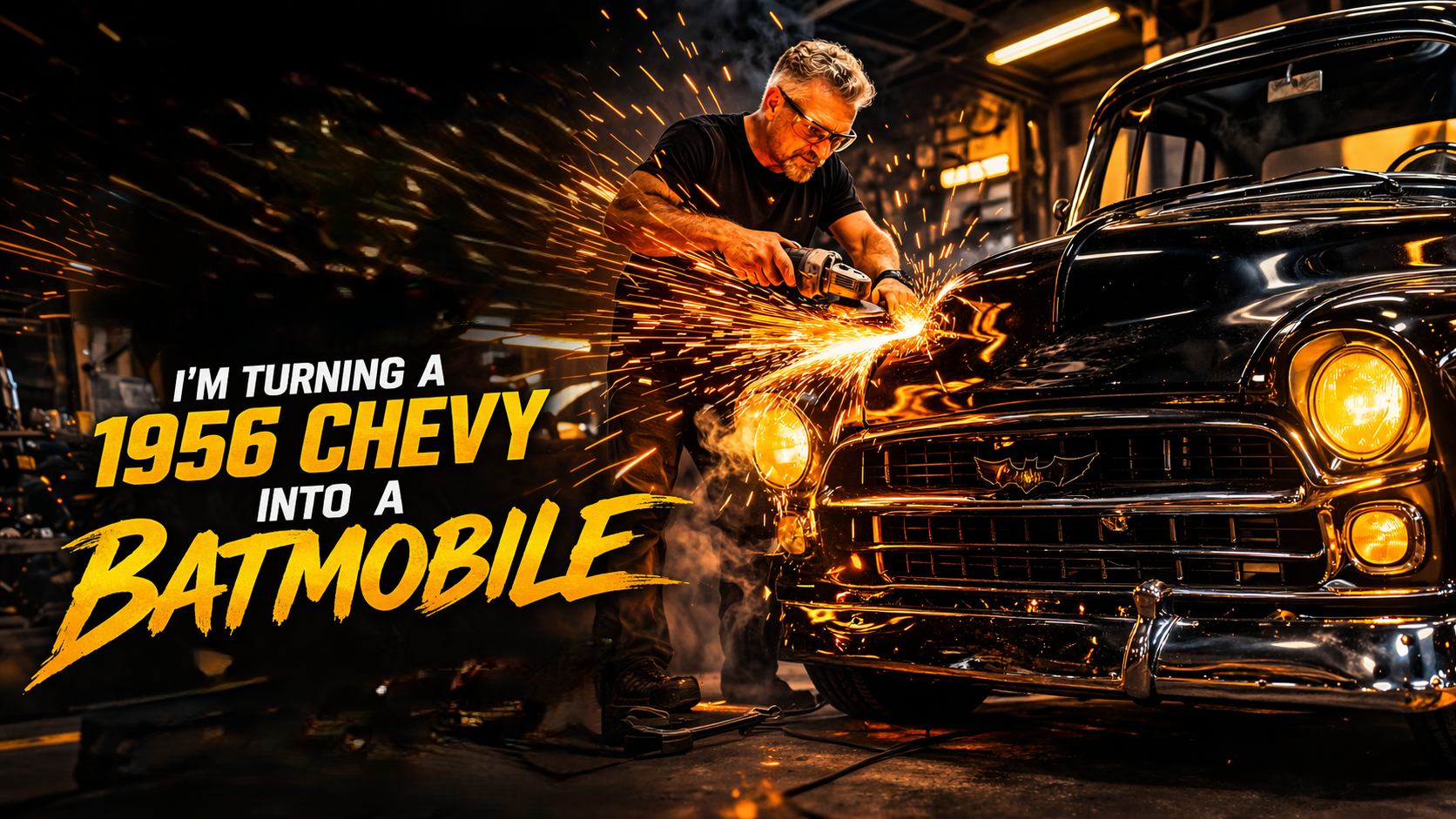 A man welding a vintage black Chevrolet car in a workshop, with sparks flying, and yellow text overlay that reads 'I'm turning a 1956 Chevy into a Batmobile'.