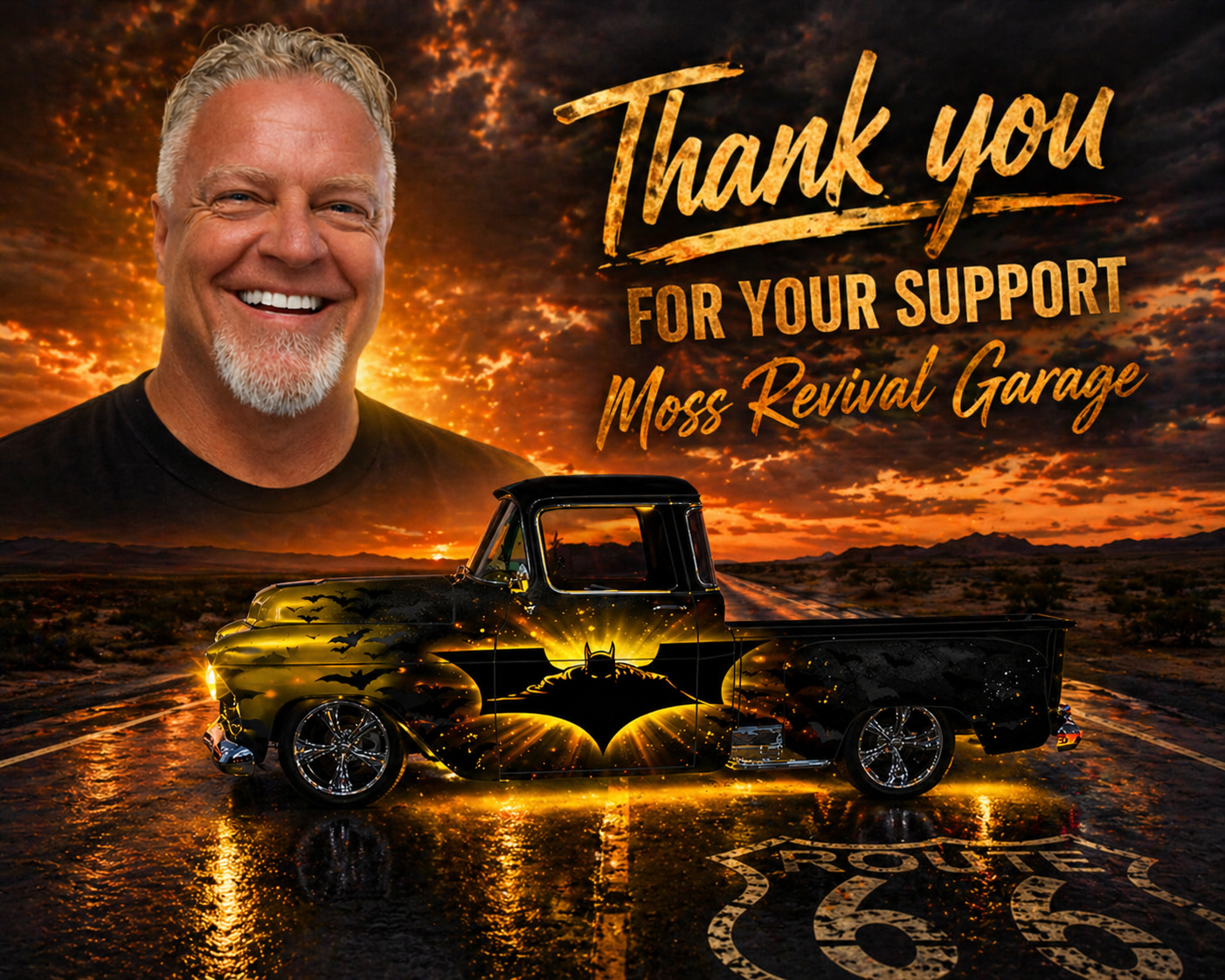 A smiling man with gray hair and a beard on the left side of the image. A sunset or sunrise background with dramatic clouds over a desert landscape. A decorated black truck with a Batman logo and bat graphics on the sides, illuminated with a glowing effect. Text on the right side says 'Thank you for your support Moss Revival Garage'.