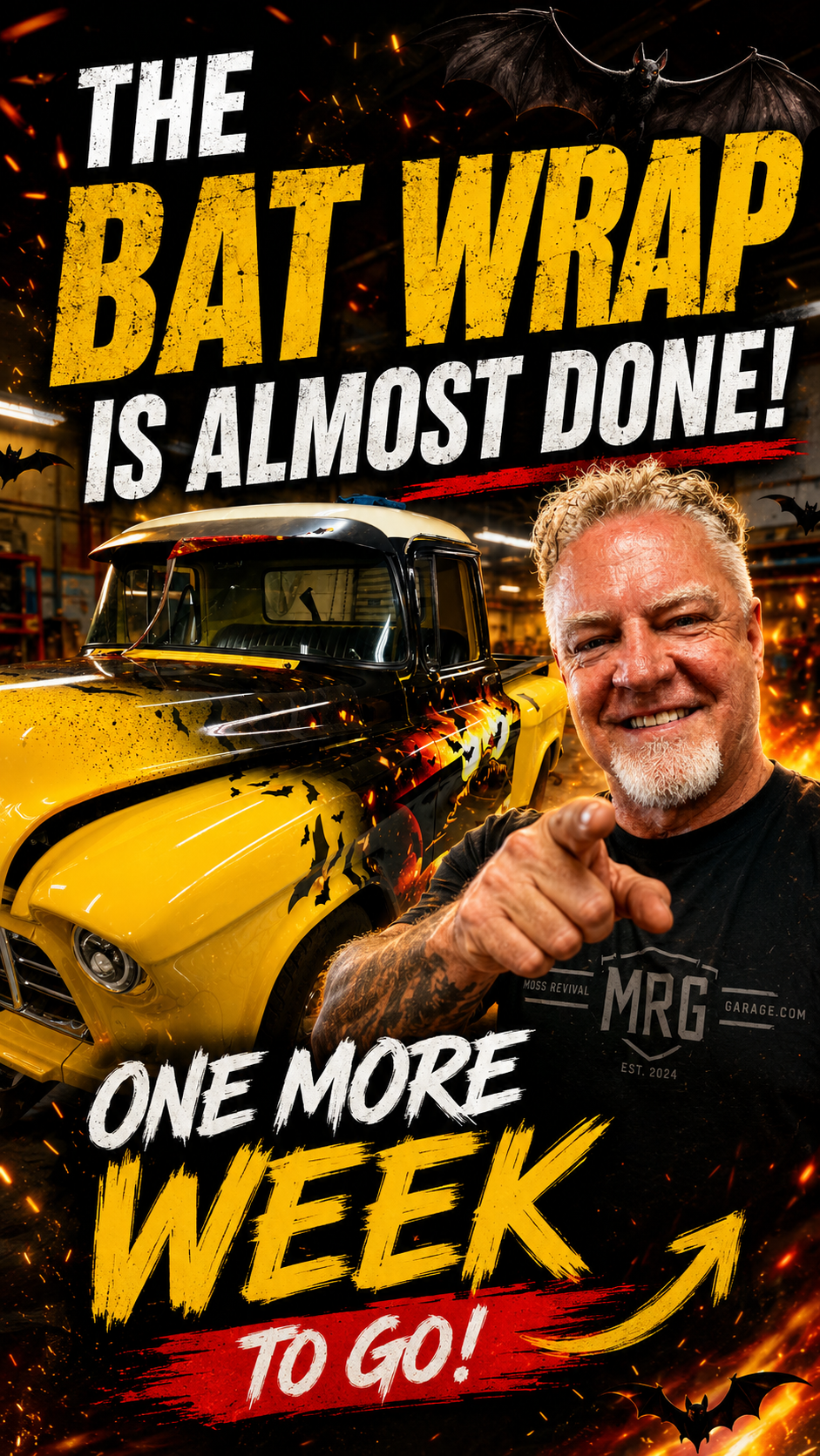 A man with gray hair and a beard smiling and pointing at the camera in front of a yellow custom-painted truck inside a workshop. The image is themed with Halloween elements including flying bats, a bat with wings spread at the top, and fiery sparks. 