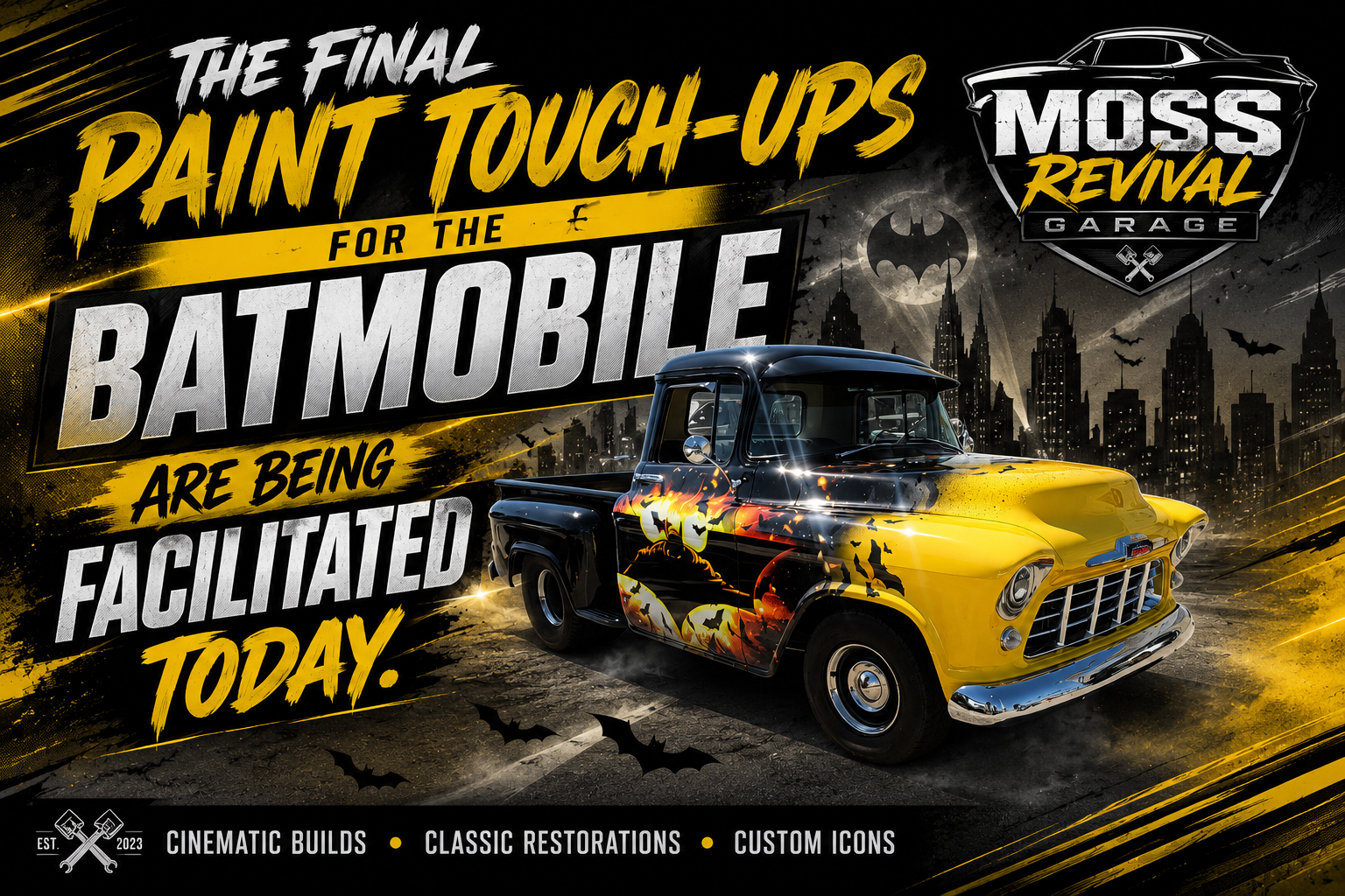 A vintage black and yellow pickup truck with Halloween-themed artwork of a pumpkin face and bats on its side, parked in front of a dark cityscape with bats, a full moon, and a Batman logo in the background. Text overlay promotes a Batman-themed car p