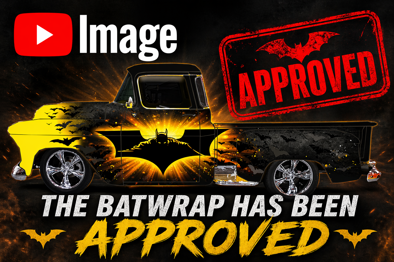 A Halloween-themed truck with Batman artwork and bats. The truck features a glowing Batman logo on the side with a dark background. There are red "APPROVED" and bold "THE BATWRAP HAS BEEN" and yellow "APPROVED" texts, along with bat graphics.