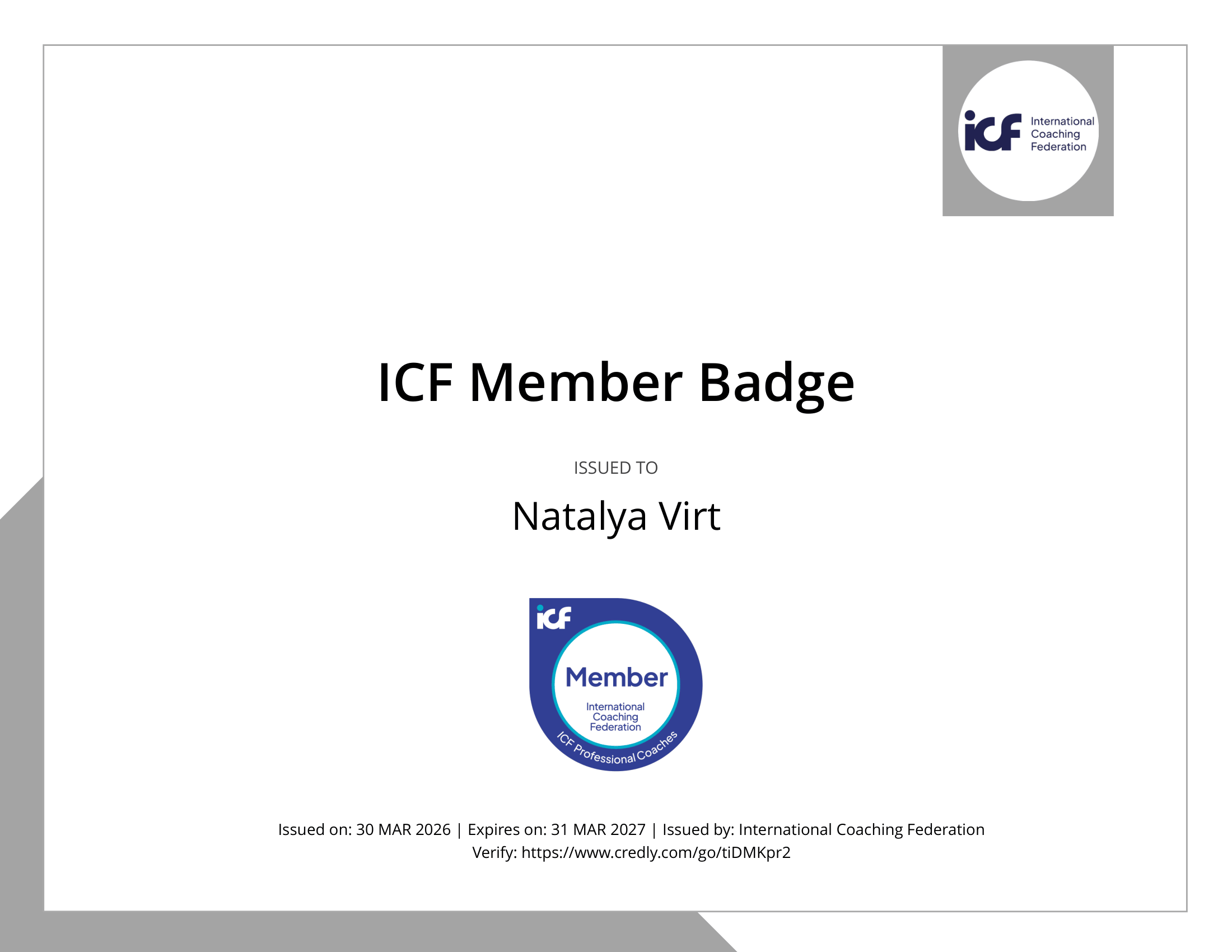 ICF Member Badge for Natalya Virt with official logo.