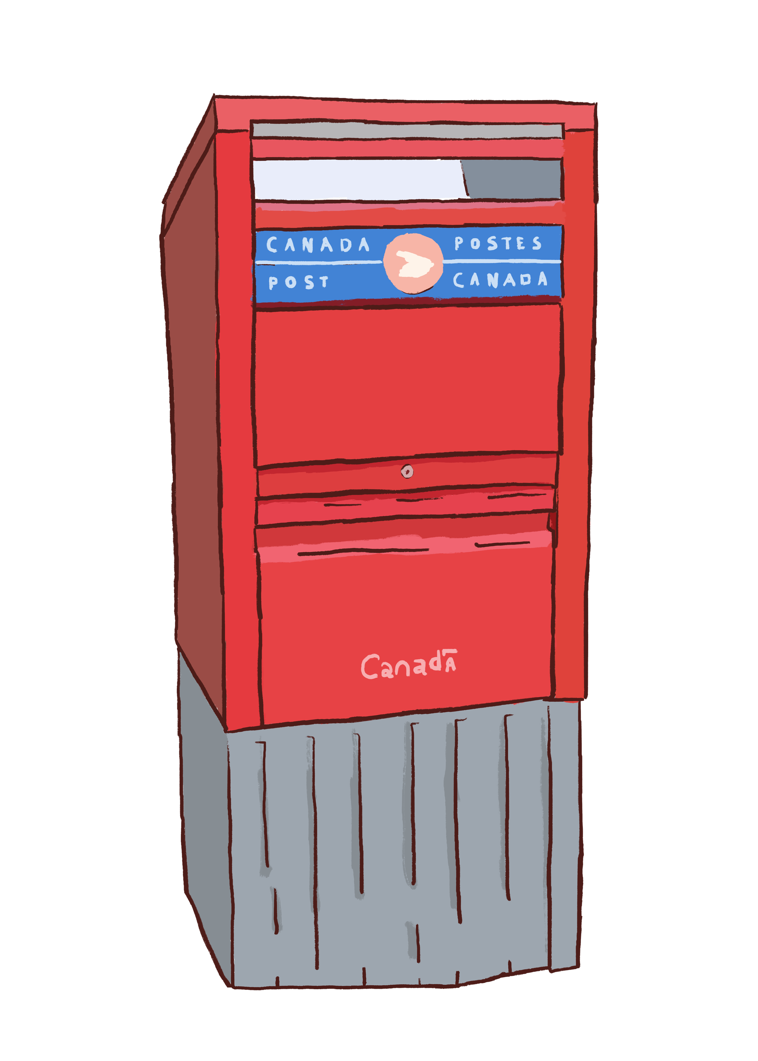 Hand-drawn illustration of a red Canadian mailbox with a blue sign reading 'Canada Post' and an arrow pointing right, standing on grey wooden planks.