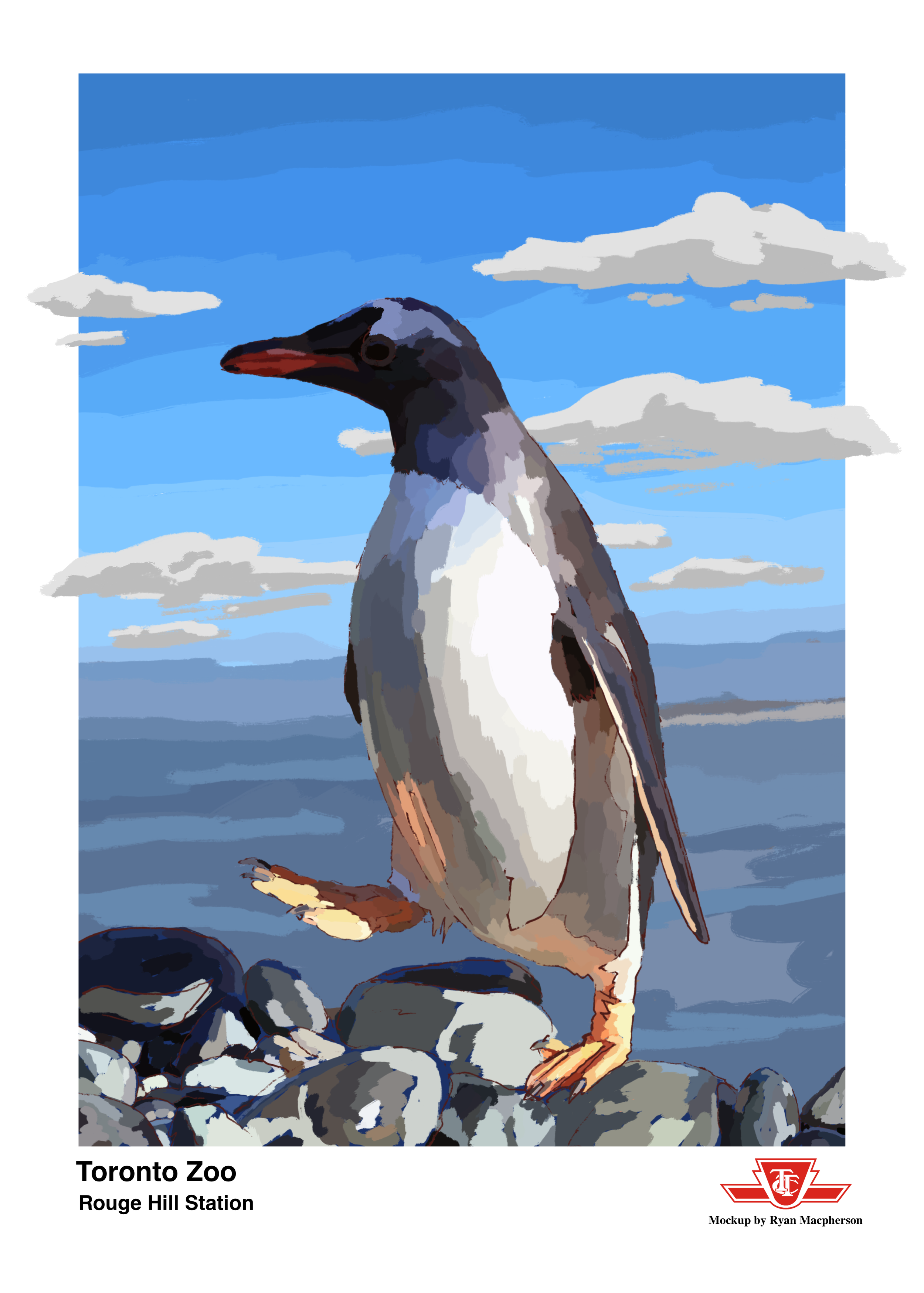 Illustration of a penguin standing on rocks by the water with a blue sky and clouds in the background. Text on the image indicates it is from the Toronto Zoo at Rouge Hill Station, with a mockup by RM Illustration