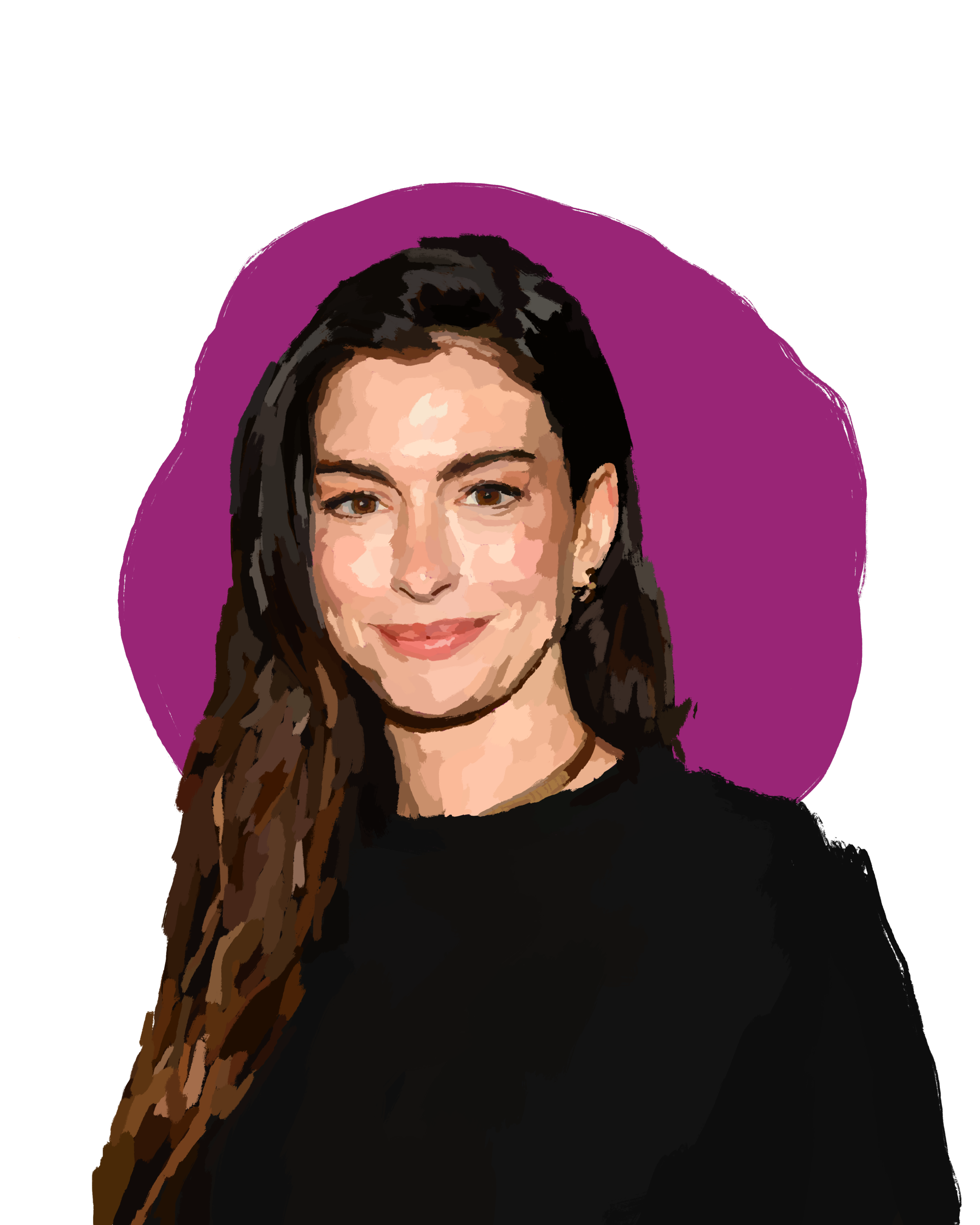 Anne Hathaway Digital painting of a smiling woman with long brown hair, wearing a black top, against a purple circular background.
