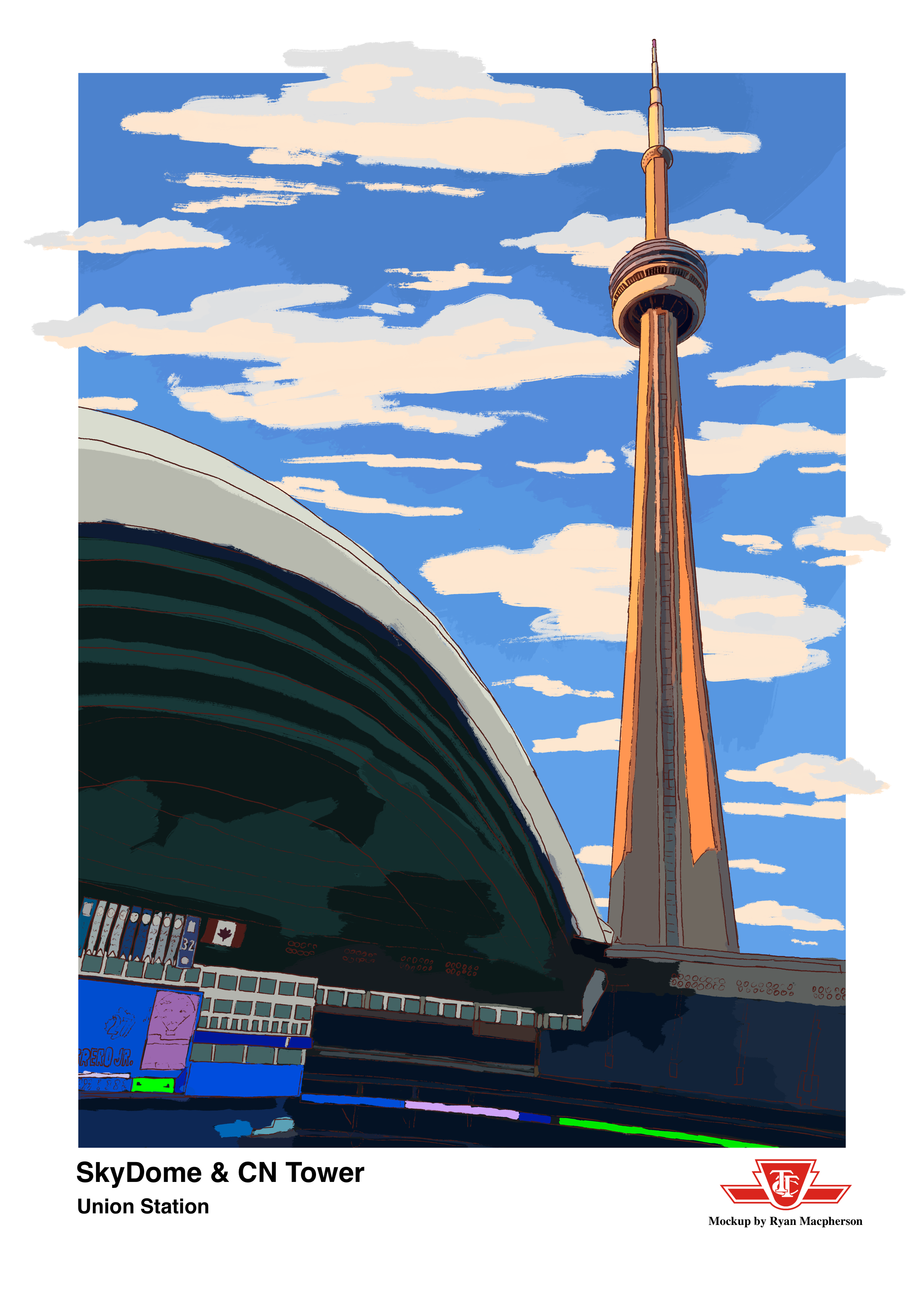A digital illustration print of Toronto's CN Tower and SkyDome and rogers centre with a blue sky and clouds in the background, including Union Station in the foreground, designed as a wall art print by RM Illustration