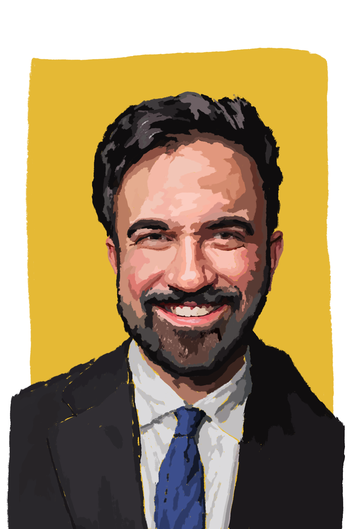 Digital illustration of a smiling man with dark hair, beard, wearing a black suit, white shirt, and blue tie, against a yellow background. Zohran Mamdani. Mayor of New York Illustration Portrait